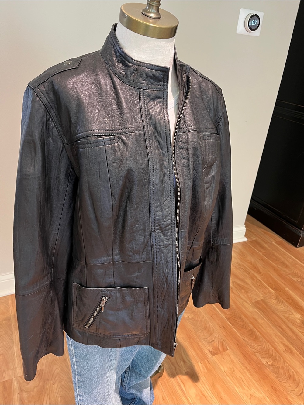 Chico's Black 100% Leather moto Jacket with Satin Lining size 12-14